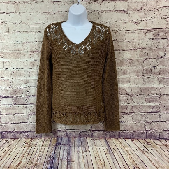 BCBGMaxAzria Brown Beaded Crochet Boho Sweater - Picture 1 of 15